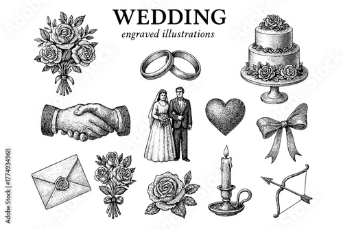 Intricate engraved illustration set showcasing wedding elements for creative projects and design inspiration