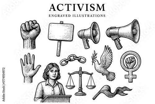 Symbols of activism and social change represented in an engraved illustration set capturing voices of determination and justice