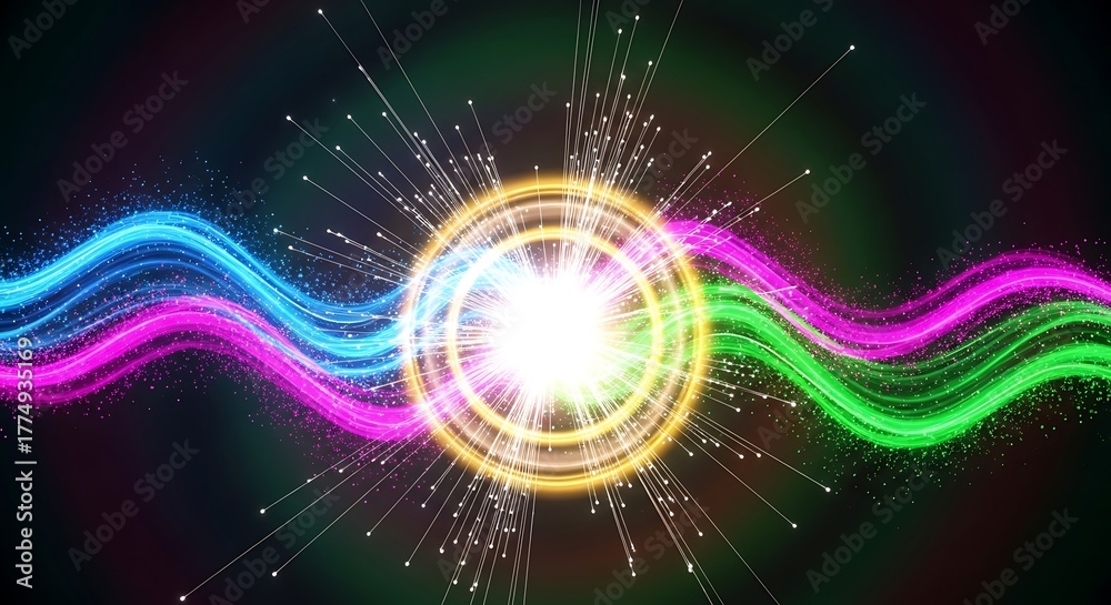 Fototapeta premium Abstract Energetic Light Waves Colliding with a Bright Central Core.