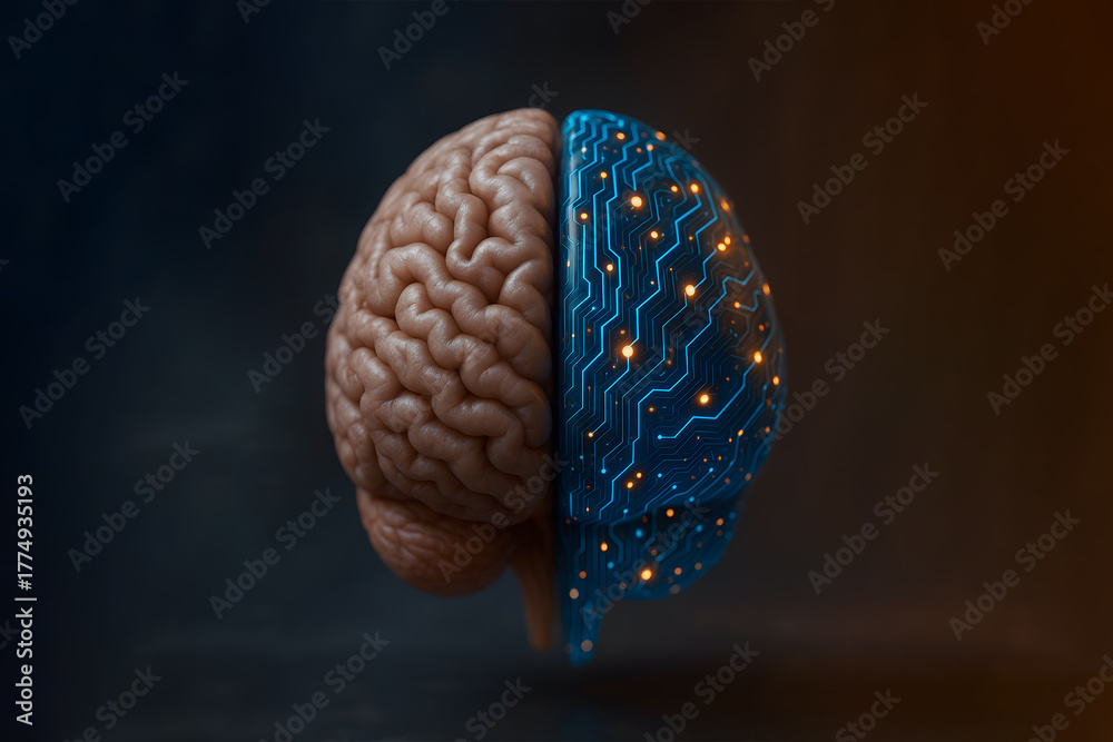 Naklejka premium Human and Artificial Intelligence Hybrid Brain — Merging Biology with Digital Technology Concept
