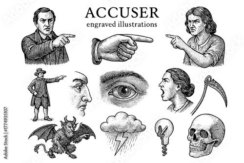 Engraved illustrations depicting various expressions of accusation and conflict in dramatic and historical contexts
