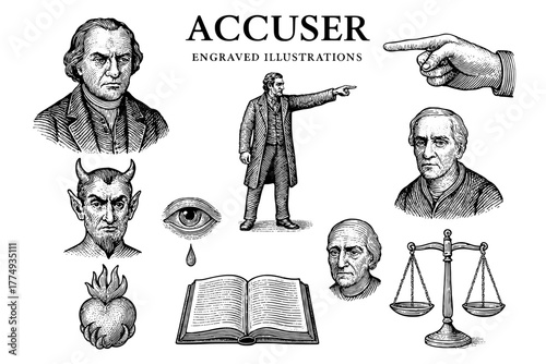 Engraved illustrations of an accuser showing various figures, emotions, and symbols representing justice and truth in a dramatic setting