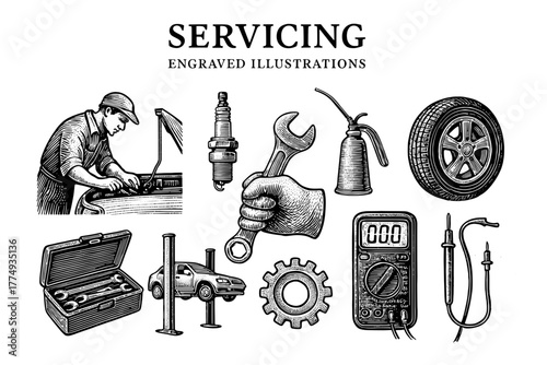 Engraved illustrations of automotive servicing tools and activities showcasing a mechanic at work with equipment and instruments