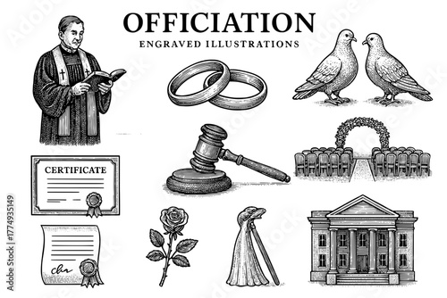 Engraved illustrations capturing the essence of officiation ceremonies and significant moments in life
