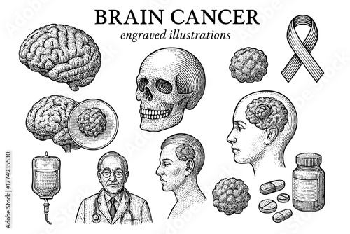 Engraved illustration set showcasing brain cancer awareness with medical themes and artistic elements