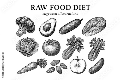 Engraved illustrations showcasing fresh vegetables and fruits in a raw food diet concept for healthy living