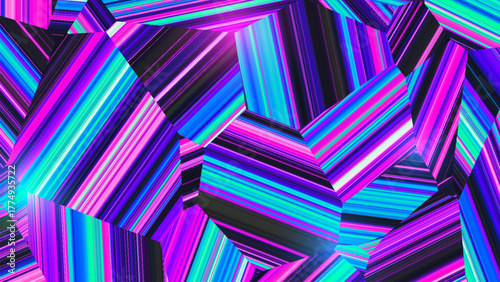 Vibrant futuristic background of glowing geometric facets in neon pink cyan and violet tones. Polygonal crystalline surface made of parallel thin glowing lines for poster design or creative concepts