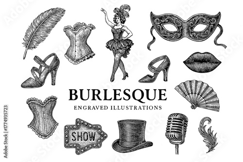Engraved illustrations capturing the essence of burlesque performance art in a creative set