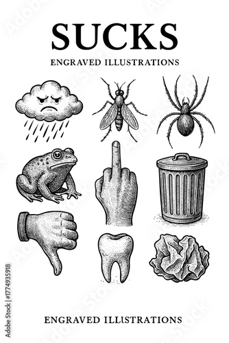 Engraved illustrations depicting things that annoy and frustrate in daily life, showcasing a variety of quirky subjects