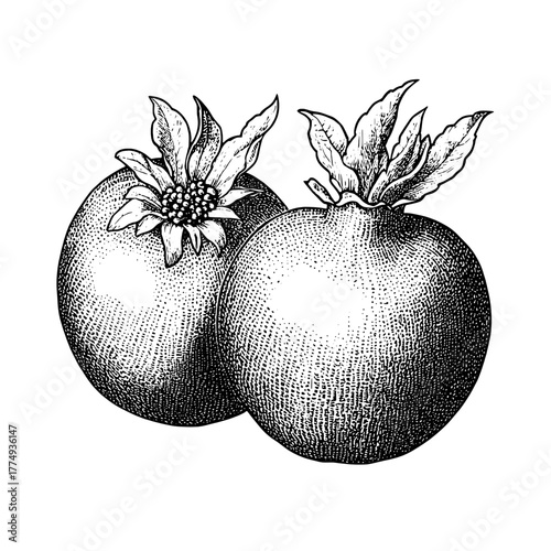 Engraved illustration of two pomegranates with leaves and flowers captured in detailed artistry for decorative use