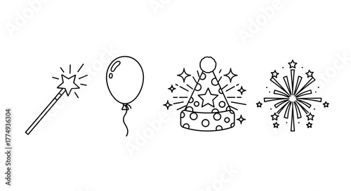Vibrant Line Icon Set for Celebrations, Featuring Magic Wand, Balloon, Holiday Hat, Sparkling Effects, and Fireworks, Perfect for Designing Cards, Social Media Posts, and Mobile Applications with a