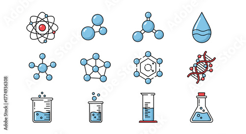 Collection of flat icons representing scientific concepts including atoms, molecules, DNA strands, water drops, and laboratory equipment like beakers and flasks, perfect for educational or