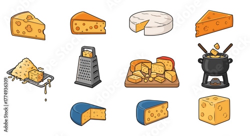 A delightful collection of cheese illustrations, featuring wedges, rounds, grated cheese, and a fondue pot, presented as cartoon vector graphics. This set includes various cheese types like cheddar