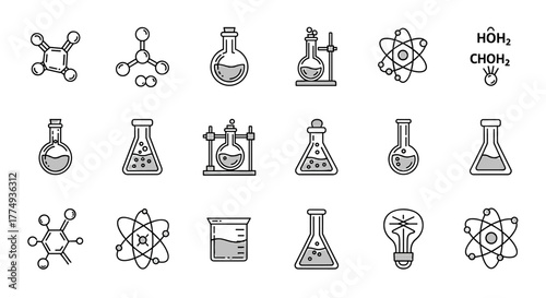 Collection of Chemistry-Related Line Icons with Editable Stroke for Design, Websites, Apps, and Cards, featuring Linear Images of Chemical Compounds, Laboratory Equipment, Atoms, and a Lightbulb