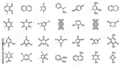 Collection of chemical compound outline signs, featuring editable stroke, perfect for infographics, articles, books, flyers, and banners, presented as a vector cartoon illustration with clean lines