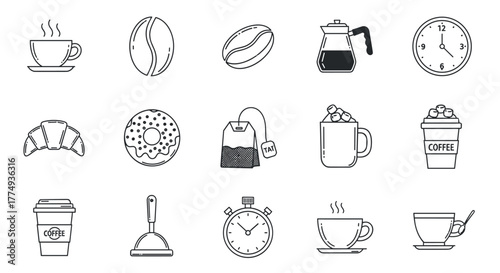 A comprehensive collection of line art icons representing a coffee break, featuring steaming coffee cups, coffee beans, a croissant, a donut, a tea bag, a French press, a stopwatch, a clock, and