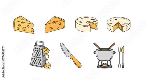 Set of delicious cheese icons, including wedges of Swiss cheese with holes, whole wheels of Brie or Camembert, a cheese grater with falling cheese shreds, a knife, and a fondue pot with forks