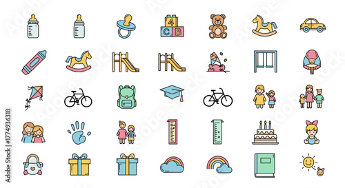 Vibrant Childhood Line Icon Collection: A versatile set of editable stroke icons perfect for infographics, articles, books, flyers, and banners, featuring a charming vector cartoon illustration style