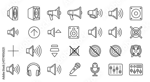 Collection of Loud Speaker Related Line Icons: Outline Signs for Graphic and Web Design, Apps, Advertisements, Various Cards, Vector Cartoon Illustration with White Background. Modern and Simple