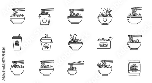 Collection of minimalist line icons representing various noodle dishes and related food items, including bowls of ramen, take-out containers, and drinks, perfect for web design, graphic design, apps