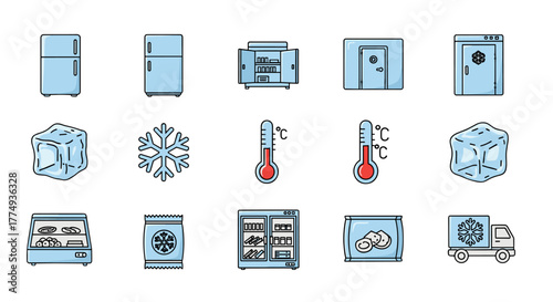 Collection of cold storage and refrigeration icons, including refrigerators, freezers, ice cubes, snowflakes, thermometers, and a delivery truck, presented in a clean, outline, linear style suitable
