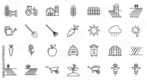 Collection of outline symbols representing field, farm, and garden elements, ideal for apps, websites, banners, and infographics. This vector set includes icons for agriculture, gardening tools