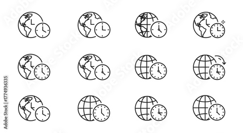 Collection of twelve outline icons depicting a clock face next to a globe or Earth, symbolizing time zones, global time, and travel, perfect for graphic and web design, apps, advertisements, and