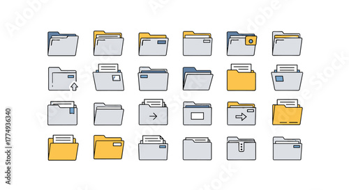 Collection of 24 vivid, modern, and clean vector icons representing computer folders and files, suitable for web, apps, and graphic design. Includes editable stroke and a black background, perfect