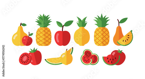A vibrant collection of flat-style fruit icons, showcasing a tropical selection with simple, modern shapes. This assortment includes pineapples, pears, apples, tomatoes, and watermelon slices, all