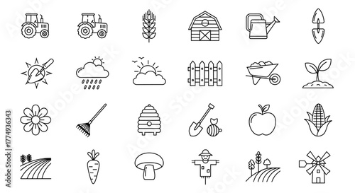 Collection of outline symbols representing field, farm, and garden elements, meticulously drawn with thin lines, ideal for applications, websites, banners, infographics, and diverse design projects