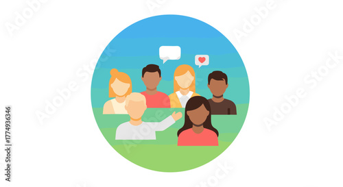 Diverse group of people communicating and sharing ideas within a community, represented by flat design icons with speech bubbles and a heart icon, symbolizing connection and social interaction in a
