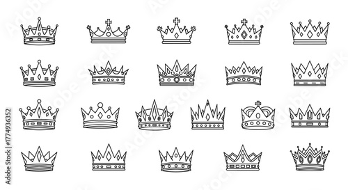 Modern Outline Style Crown Icons for Design, Cards, Apps, Social Networks, Vector Cartoon Illustration with a White Background, Ordered Set of Royal Symbols Representing Power, Authority, and