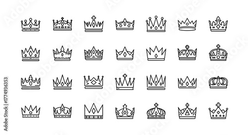 A collection of 30 diverse crown line icons, presented in a clean outline style on a white background, perfect for graphic design, web applications, advertisements, and various card designs, offering