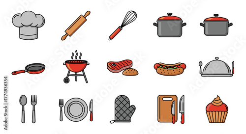 Vibrant Flat Design Cooking Icon Bundle: A Comprehensive Collection of Culinary Tools and Food Items, Perfect for Graphic Design, Apps, and Conceptual Illustrations. Includes Chef Hat, Rolling Pin