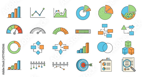 Collection of colorful vector graphics illustrating business and data concepts, including bar charts, line graphs, pie charts, progress bars, flowcharts, Venn diagrams, target icons, and magnifying