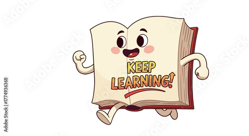 Adorable cartoon book character with a cheerful expression, running energetically while displaying the motivational message 