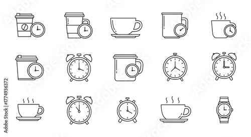 Collection of minimalistic outline icons representing various cups and clocks, perfect for web and graphic design, apps, banners, social networks, and cards. This vector cartoon illustration features