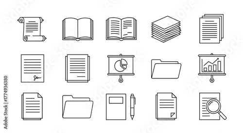 A collection of simple, editable stroke vector icons representing documents, contracts, and presentations, perfect for infographics, articles, books, flyers, and banners, rendered in a clean cartoon