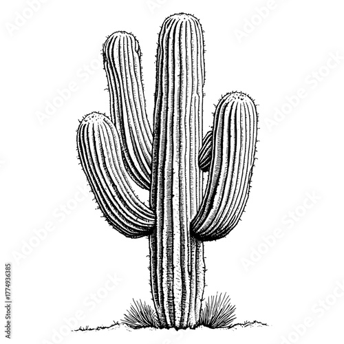 Engraved illustration of a majestic saguaro cactus standing tall in the desert landscape at dusk