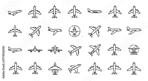 Minimalistic linear pictogram of a plane or airplane, perfect for web and graphic design, apps, banners, social networks, and cards. This vector cartoon illustration is a versatile and modern graphic
