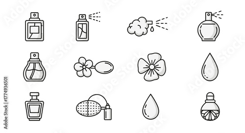 Collection of elegant perfume bottles and fragrance elements, including spray bottles, atomizers, flower motifs, and scent drops, presented as clean, modern vector icons on a black background