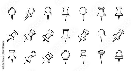 Collection of thin icons of push pins for school and office, with editable stroke, suitable for websites, books, cards, and apps. Vector cartoon illustration with a clean, modern aesthetic, perfect