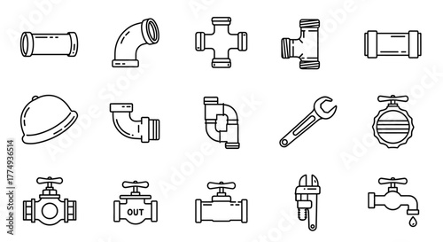 Set of thin line icons representing plumbing and construction elements, including various pipe fittings, valves, wrenches, and a hard hat, suitable for web, print, and app design, presented as a