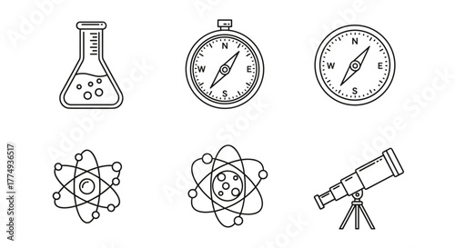 Modern Line Icon Pack for Science and Exploration: Featuring a Laboratory Flask, Compass, Atomic Model, and Telescope, perfect for web design, apps, and educational materials, presented as clean