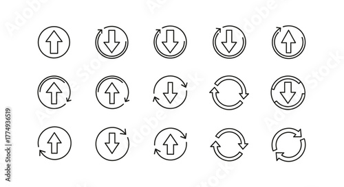 Set of outline arrow icons in circles, including up arrows, down arrows, and circular arrows, representing direction and rotation. These versatile vector graphics are perfect for graphic design, web