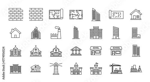 Collection of outline icons representing various architectural elements and buildings, including brick walls, floor plans, houses, factories, churches, schools, castles, lighthouses, and construction