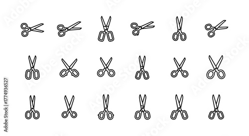 Minimalistic outline icons of scissors in various orientations and styles, perfect for web and graphic design, apps, banners, social networks, and cards. This vector cartoon illustration features a