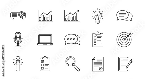 Collection of 15 business and finance line icons, including projector, bar charts, lightbulb, speech bubbles, microphone, laptop, clipboard with checklist, target, magnifying glass, document, and