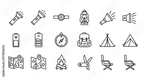 Set of camping flashlight related line icons, outline signs for graphic and web design, apps, adverts, various cards, vector cartoon illustration. A collection of minimalist symbols representing