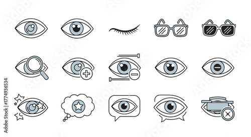 Collection of eye and glasses related line icons, featuring outline signs for graphic and web design, apps, adverts, and various cards. This vector cartoon illustration includes symbols for vision